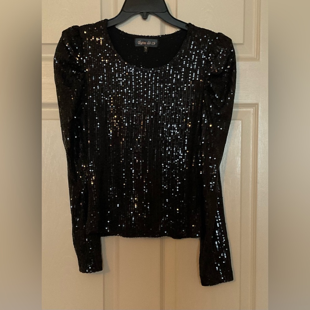 China Dolls Sequin Blouse Black Small Long Sleeve Shimmer Evening Sparkly Top